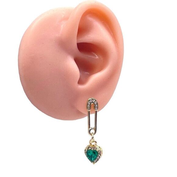 Yellow Gold with Green and White Crystal Safety Pin and Heart Post Back Earrings - Picture 6 of 7